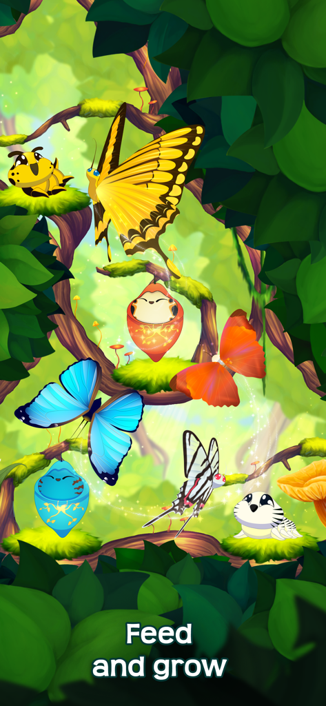 Flutter: Butterfly Sanctuary - Vibrant butterflies and caterpillars in a rainforest sanctuary showcasing the feed and grow gameplay.