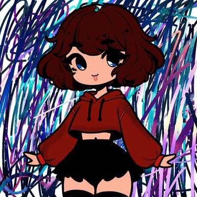 cute femboy with short, fluffy hair that softly frames their face, wearing a cropped hoodie, paired with a flouncy short skirt, and thigh-high stockings