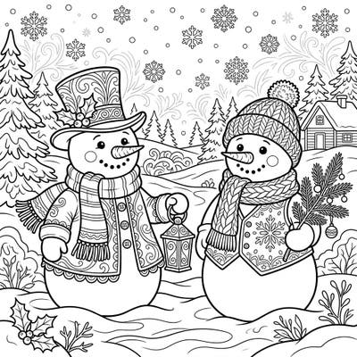 Embrace the magic of the season with this delightful coloring page featuring two beautifully decorated snowmen amidst a serene winter wonderland. Perfect for adding your personal touch to festive attire and snowy landscapes.