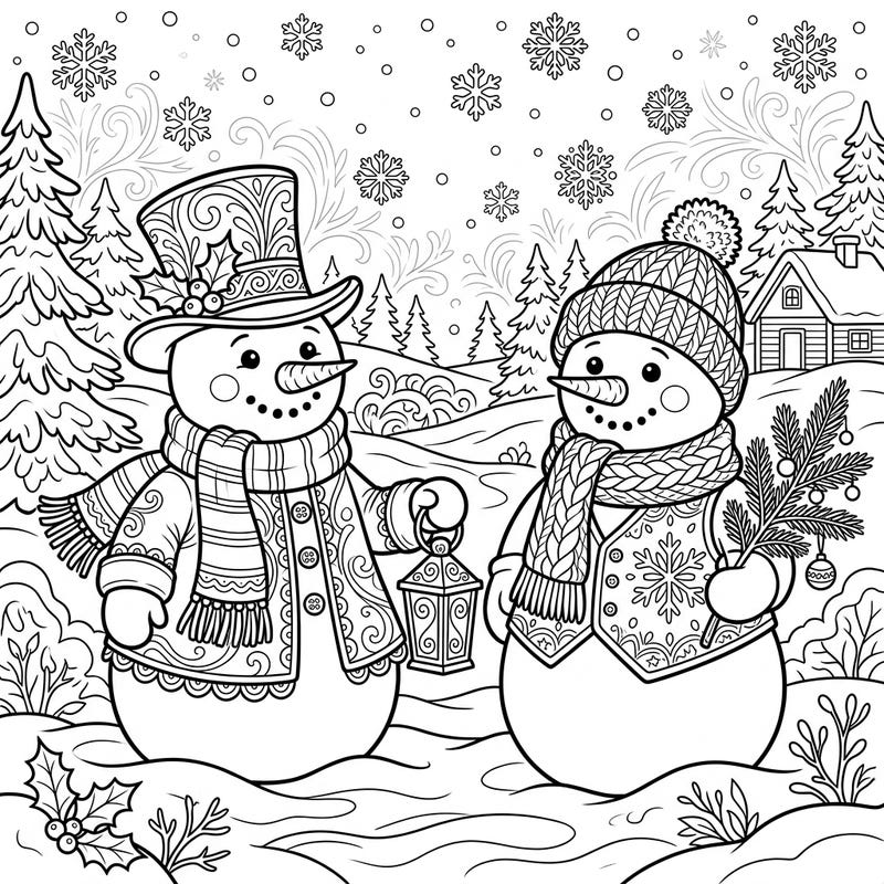Embrace the magic of the season with this delightful coloring page featuring two beautifully decorated snowmen amidst a serene winter wonderland. Perfect for adding your personal touch to festive attire and snowy landscapes.