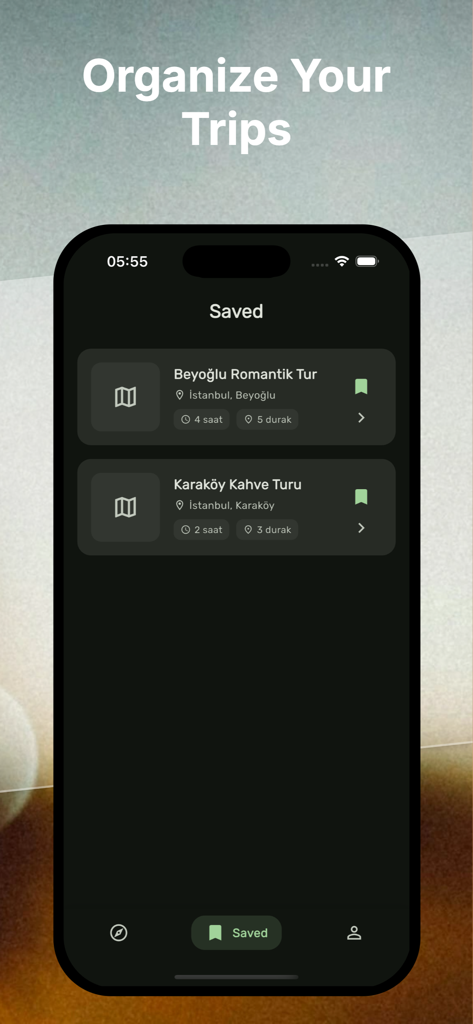 Screenshot of the Route Mind app showing a list of saved travel itineraries with duration and stop details