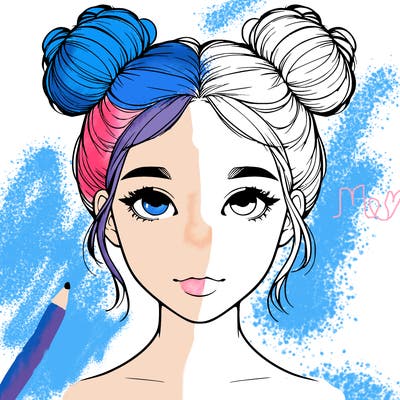 realistic girl with two buns on top of her head