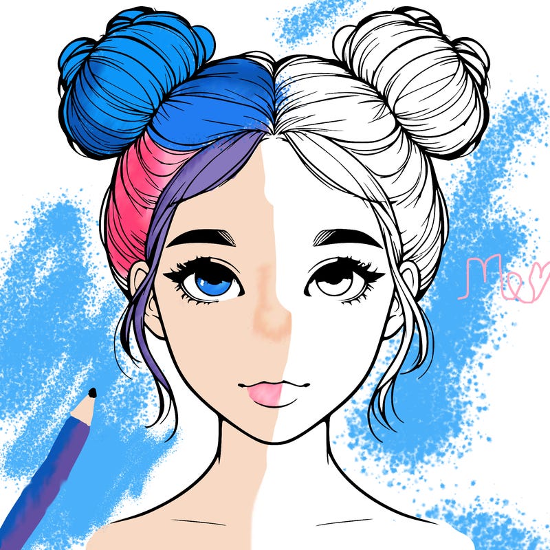 realistic girl with two buns on top of her head