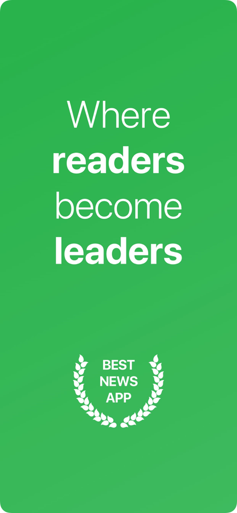 Feedly - Smart News Reader - Promoción de la aplicación Feedly con el texto Donde los lectores se convierten en líderes y una insignia de Mejor Aplicación de Noticias sobre un fondo verde.