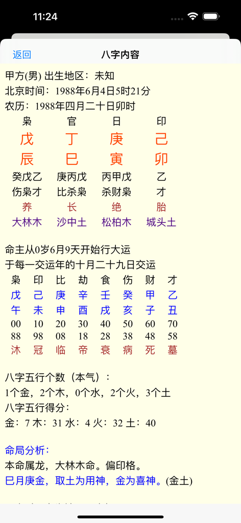 A detailed Bazi astrology chart analysis showing the Four Pillars and Five Elements scores in Simplified Chinese.