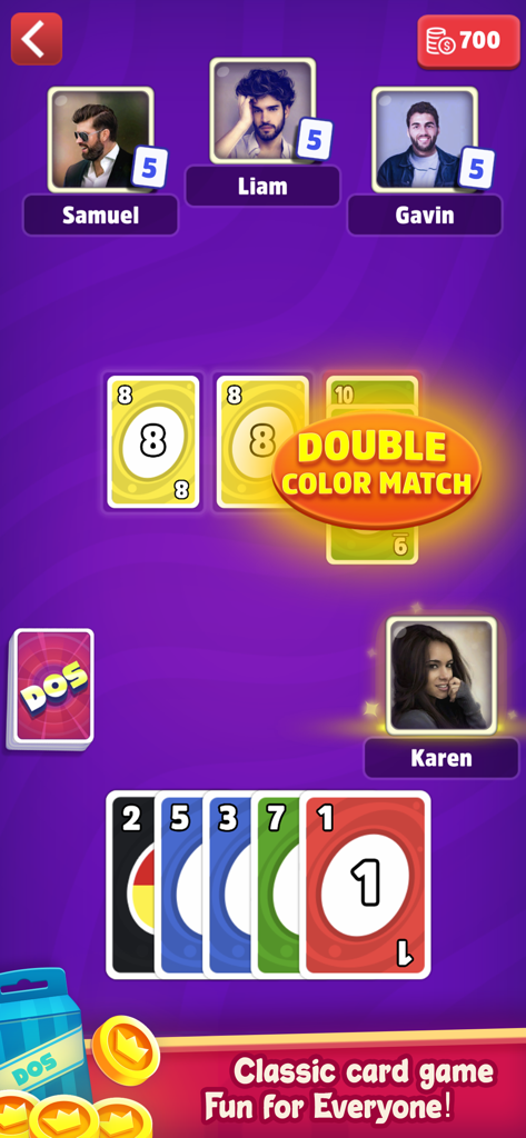 Dos: Fun Family Card Game - Gameplay screen of the Dos card game showing a multiplayer match with a double color match alert and player avatars