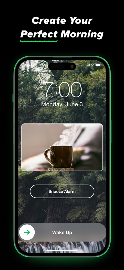 Alarm Clock App for Spotify - iPhone screen showing the Alarm Clock for Spotify app interface with a coffee cup image and a snooze button