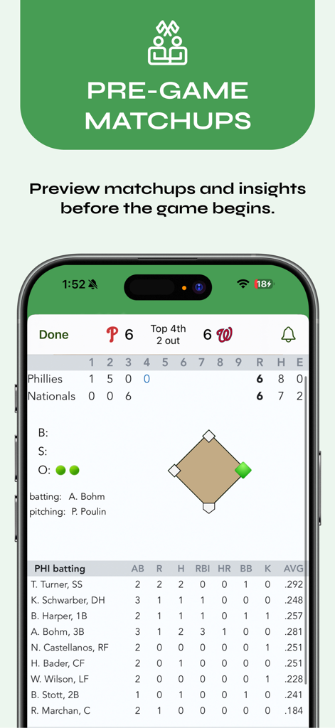 Eine mobile App-Oberfläche, die Live-Baseball-Spielergebnisse und Spieler-Schlagstatistiken anzeigt