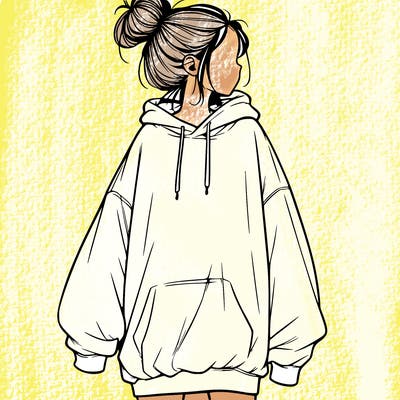 realistic girl with a oversized sweatshirt on and a bun