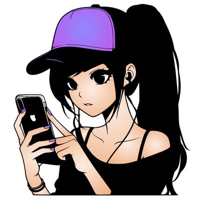 realistic girl with a long ponytail and trucker hat holding an iphone