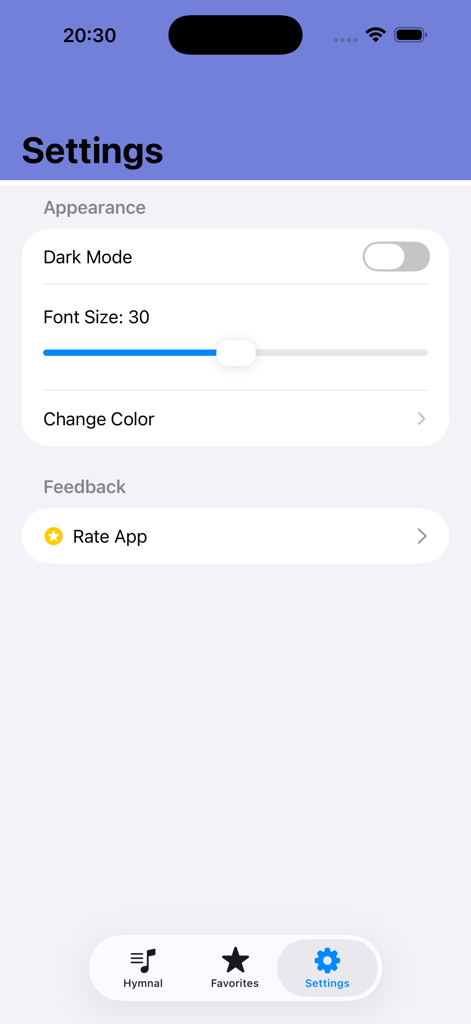 Official Adventist Hymnal - Pantalla de configuración de la aplicación Himnario Adventista Oficial mostrando controles de tamaño de fuente y apariencia en modo oscuro