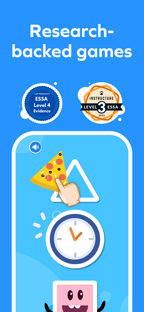 Splash Jr: Toddler Games 2-4 - Splash Jr app interface showing research-backed toddler learning games with shape matching and ESSA certification badges