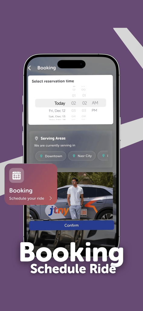 JTNY - Interface do aplicativo JTNY para agendamento de uma corrida de luxo com seleção de data e hora.