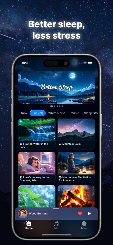 Sleep Sound: Relax White Noise - Home screen of the Sleep Sound app showing curated playlists for relaxation meditation and sleep stories