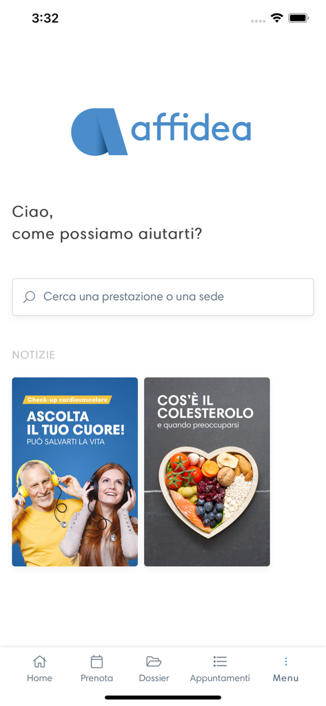 Affidea Connect Italy - Schermata principale dell'app Affidea Connect Italy con barra di ricerca e notizie sulla salute