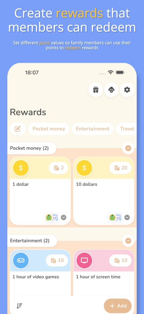 Family Rewards: Chore Chart - A mobile interface for the Family Rewards app displaying various customizable rewards like pocket money and screen time which kids can redeem with earned points.