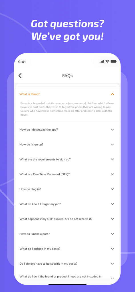 Pamo - Página de Perguntas Frequentes do aplicativo de compras móvel Pamo