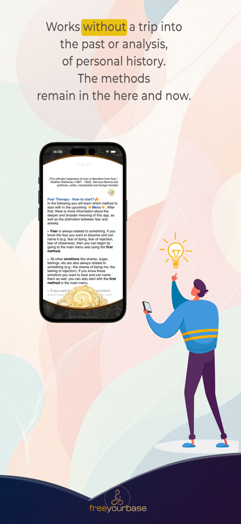 Fear Therapyアプリのインターフェースが表示されたスマートフォンの画面。過去を分析することなく、現在不安を治療することについての説明テキストが表示されています。