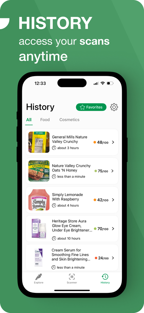 OneLabel: Product Scanner - OneLabel app scan history showing health scores for food and cosmetics