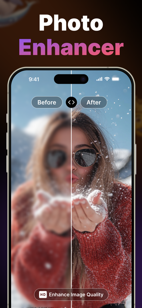 Genmoji - AI Emoji Maker - Une comparaison côte à côte montrant une photo floue à gauche comme 'Avant' et une version nette et haute définition à droite comme 'Après' en utilisant la fonction d'amélioration de photos IA.