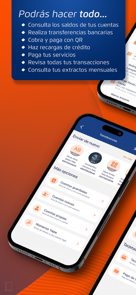 Banca Móvil BCP - Bolivia - Mobile banking app interface showing transfer options and features for BCP Bolivia