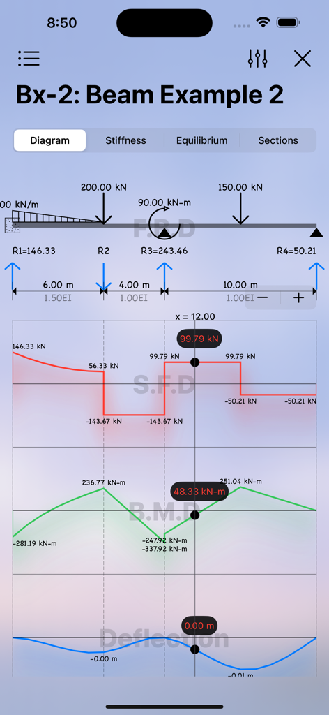 A-Projects app interface showing structural analysis for a beam including shear force, bending moment, and deflection diagrams