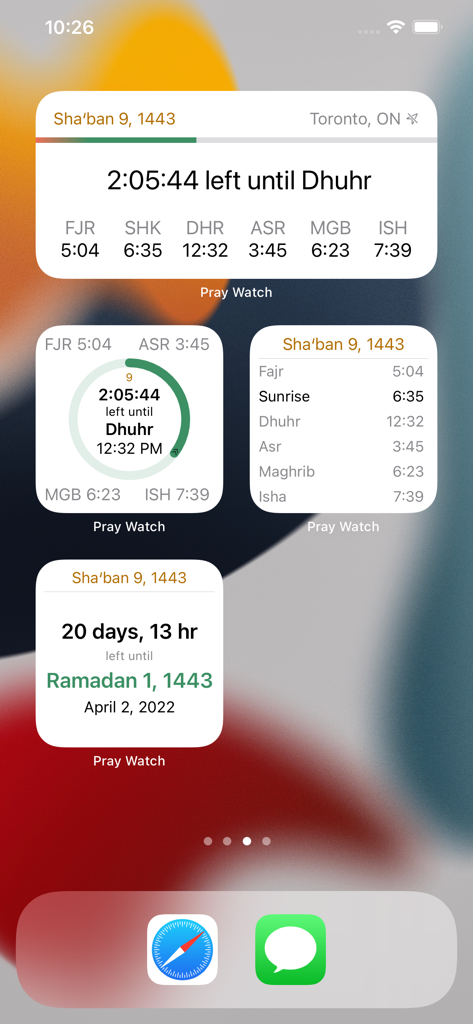 Pray Watch - Écran d'accueil iOS avec widgets Pray Watch pour les horaires de prière et le compte à rebours du Ramadan