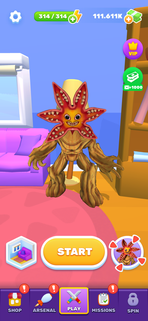 Main menu screen of Kick Monster game showing a demogorgon like monster in a room with a large start button