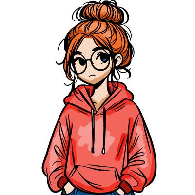 teen girl with a messy bun and glasses wearing a loose hoodie and jeans