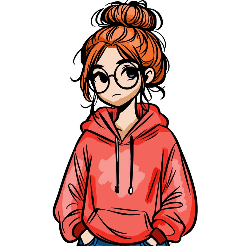 teen girl with a messy bun and glasses wearing a loose hoodie and jeans