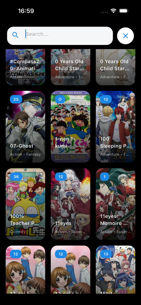 Interface de pesquisa do aplicativo Play Animes TV exibindo uma grade de animes com tags de gênero e contagem de episódios