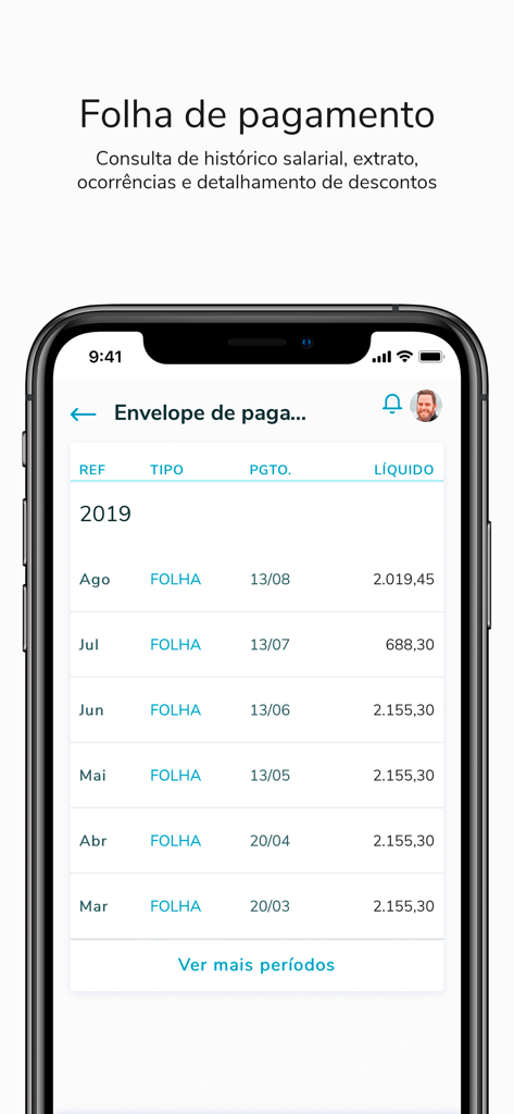 TOTVS My HR - Schermata dello smartphone che mostra un elenco di buste paga mensili e pagamenti salariali nell'app TOTVS My HR.