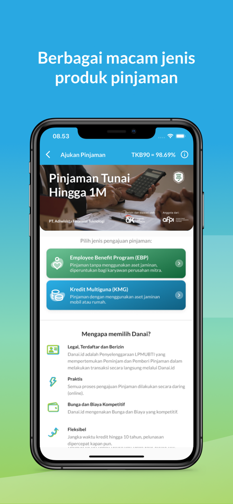 Danai.id - P2P Lending - Smartphone screen showing the Danai.id app interface with various loan product options and user benefits.