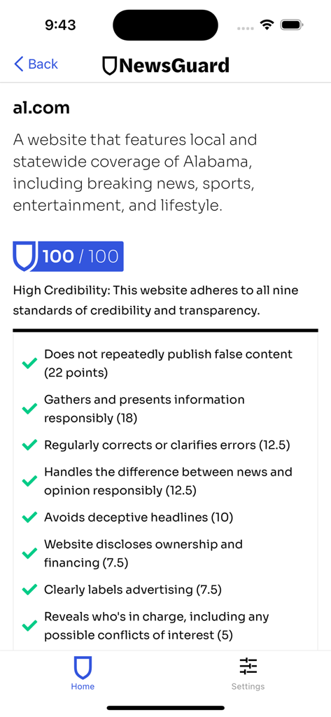 NewsGuard - News Trust Ratings - NewsGuard app screenshot showing a 100 percent trust rating for the news website al.com
