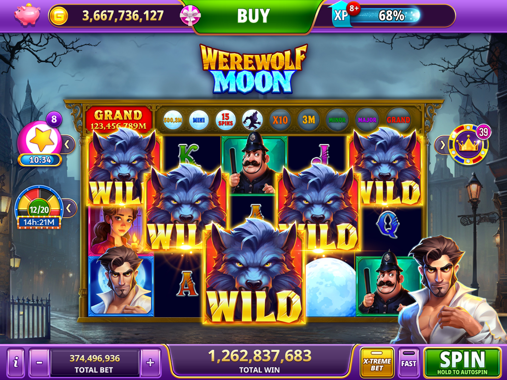 Gameplay of the Werewolf Moon slot machine in Gambino Slots HD featuring a large win and werewolf wild symbols.