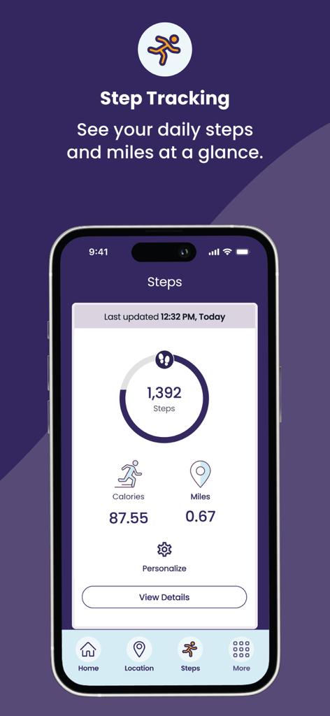 MyMedicalGuardian mobile app step tracking dashboard showing daily steps and distance.