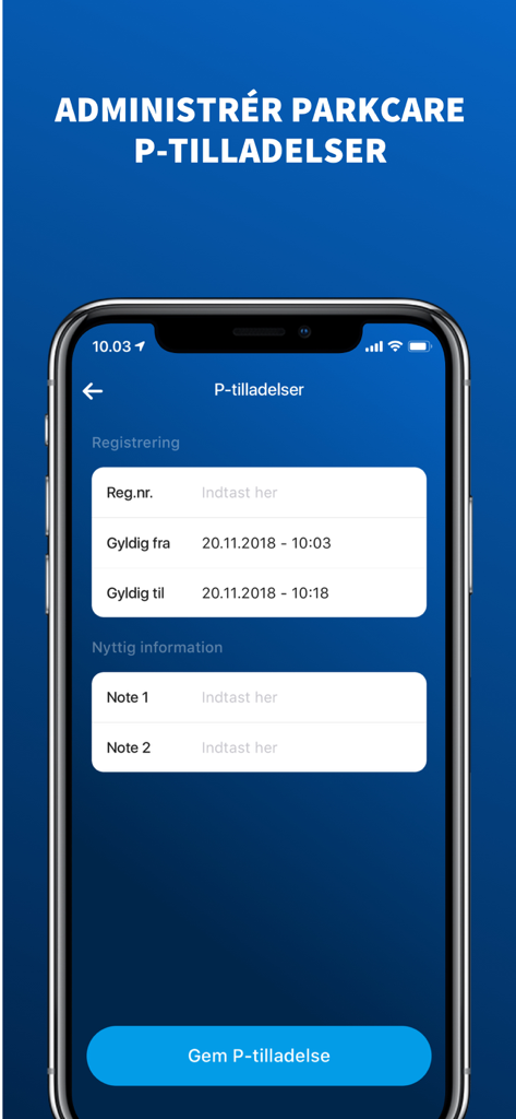 ParkZone Go - Med ParkCare - Mobile app screen for registering and managing parking permits with license plate and duration fields