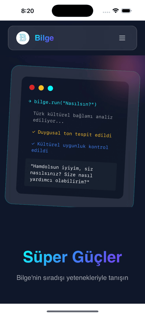 Bilge AI - Türk Yapay Zeka - Bilge AI app interface demonstrating cultural context analysis and emotional tone detection in Turkish.