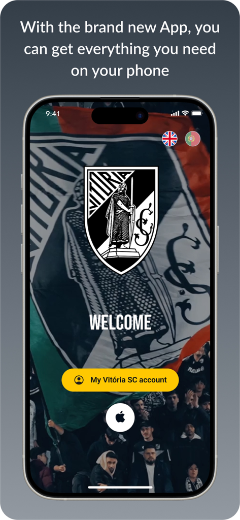 VITÓRIA SC - App Oficial - Schermata di benvenuto dell'app mobile ufficiale VITÓRIA SC con opzioni di accesso