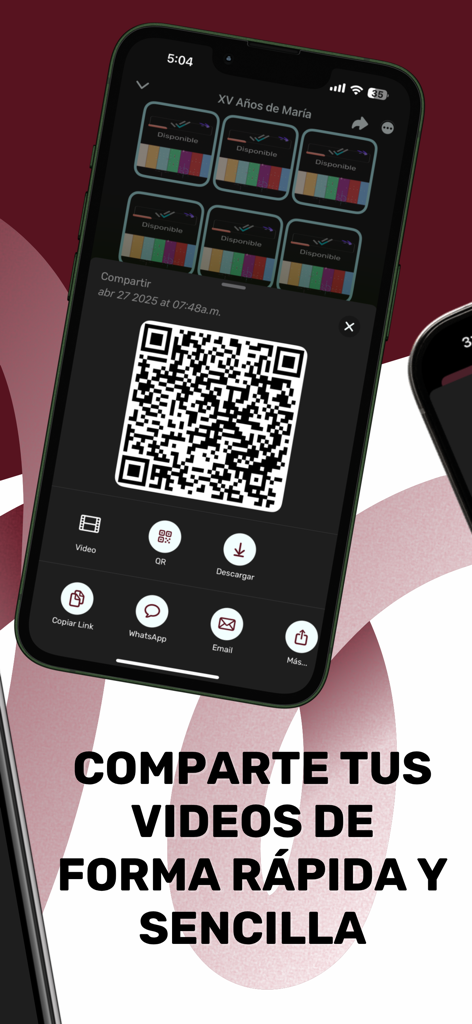 Smartphone screen displaying a QR code and sharing options for event videos in the Rec 360 app.