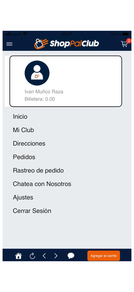 Menú de cuenta de usuario en la aplicación ShoppalClub que muestra información del perfil y opciones de seguimiento de pedidos