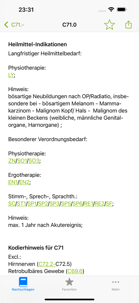 Diagnostic details screen showing remedy indications and coding notes for ICD code C71.0