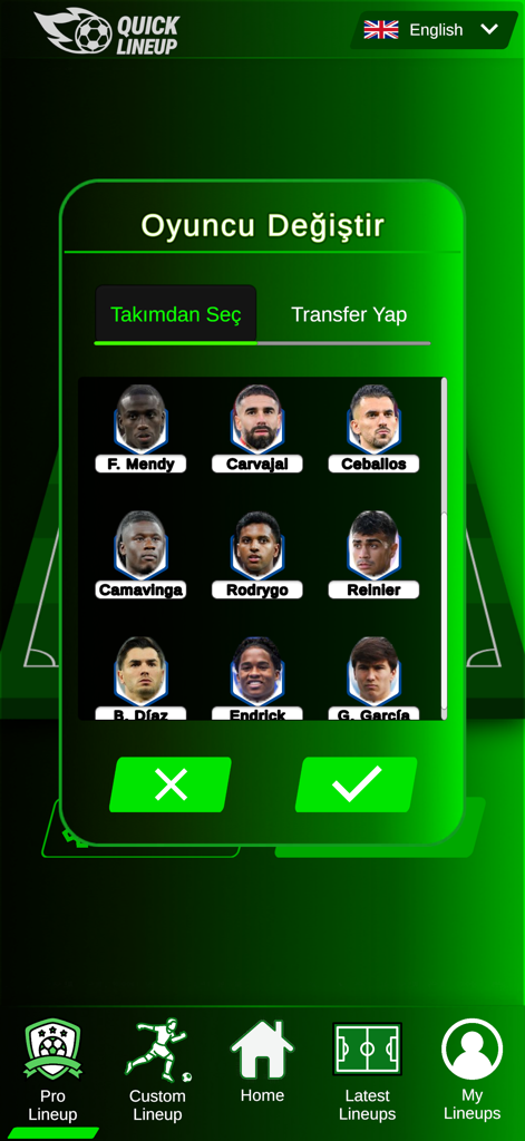 A soccer player selection menu within the Quick Lineup app showing a grid of professional players with their names and photos.