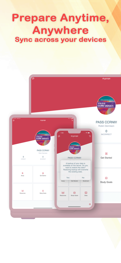 PASS CCRN app interface displayed across a laptop tablet and smartphone showing data synchronization features