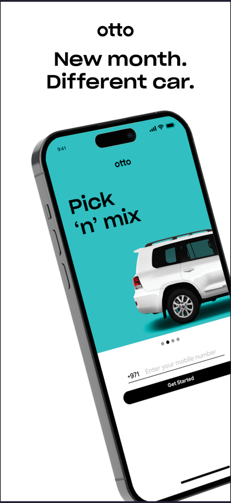 A mobile phone screen displaying the Otto car subscription app with the headline New month Different car and a white SUV.