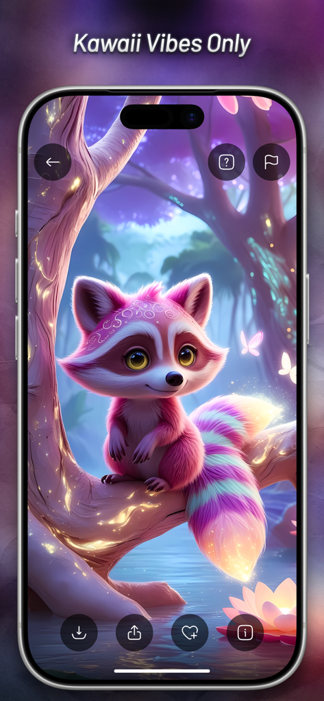 Kawaii Wallpapers Cute Anime - A cute pink and purple raccoon character on a tree branch in a magical forest displayed as a mobile phone wallpaper