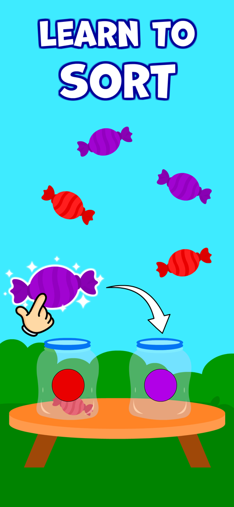 Una schermata educativa che mostra un bambino che impara a smistare caramelle viola e rosse in barattoli colorati corrispondenti.