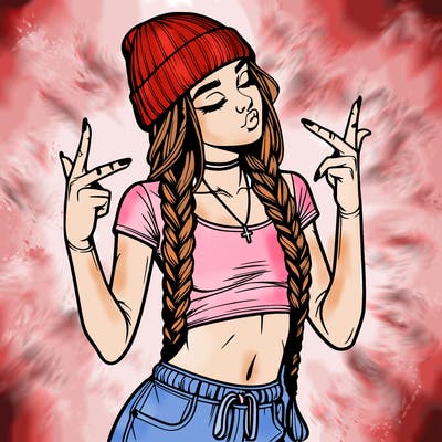 realistic teenage girl with braids and a beanie and crop top doing 🫶🏼