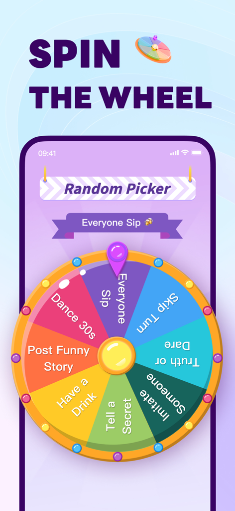 Spin Wheel & Ruleta Para Rifas - Interface de l'application Spin Wheel montrant une roue de décision colorée avec des options de jeu de fête comme Vérité ou Conséquence.