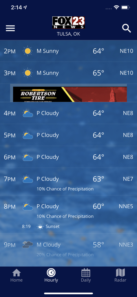 FOX23 Weather - Hourly weather forecast for Tulsa Oklahoma on the FOX23 Weather mobile app interface showing temperatures and sky conditions